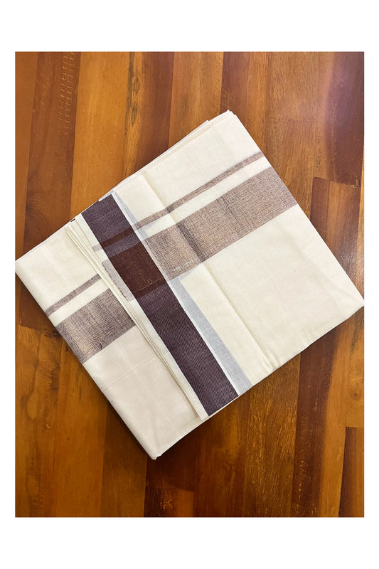 Off White Kerala Cotton Double Mundu with Kasavu and Brown Border (South Indian Kerala Dhoti)