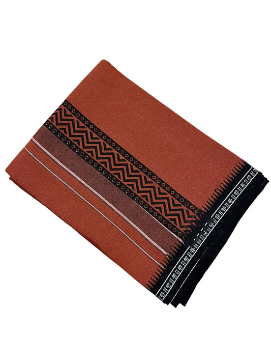 Southloom Saffron (Kaavi) Black Printed Single Mundu / Lungi (South Indian Kerala Dhoti)