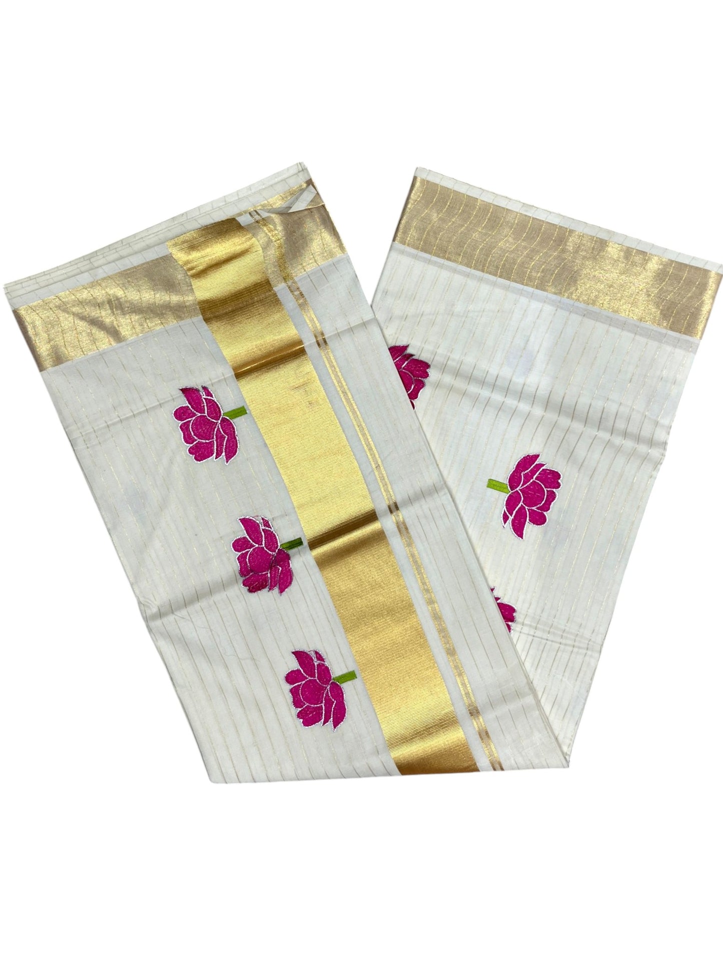 Southloom Kerala Cotton Kasavu Saree with Pink Lotus Embroidery Design