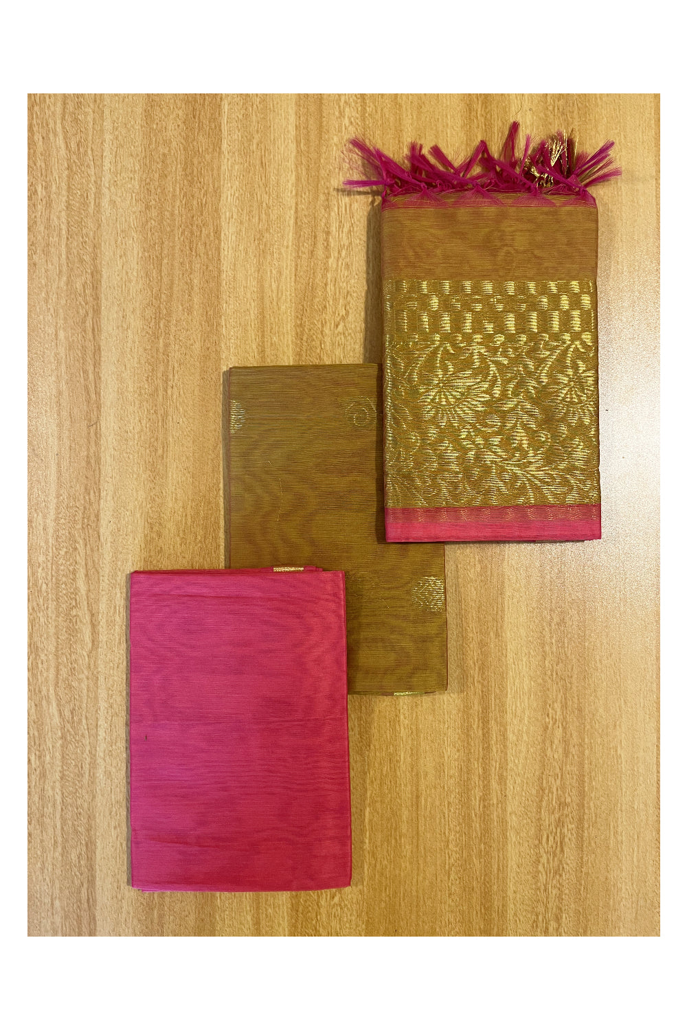 Southloom™ Cotton Semi Silk 3 Piece Gold and Pink Salwar Material with Woven Zari Butta Work