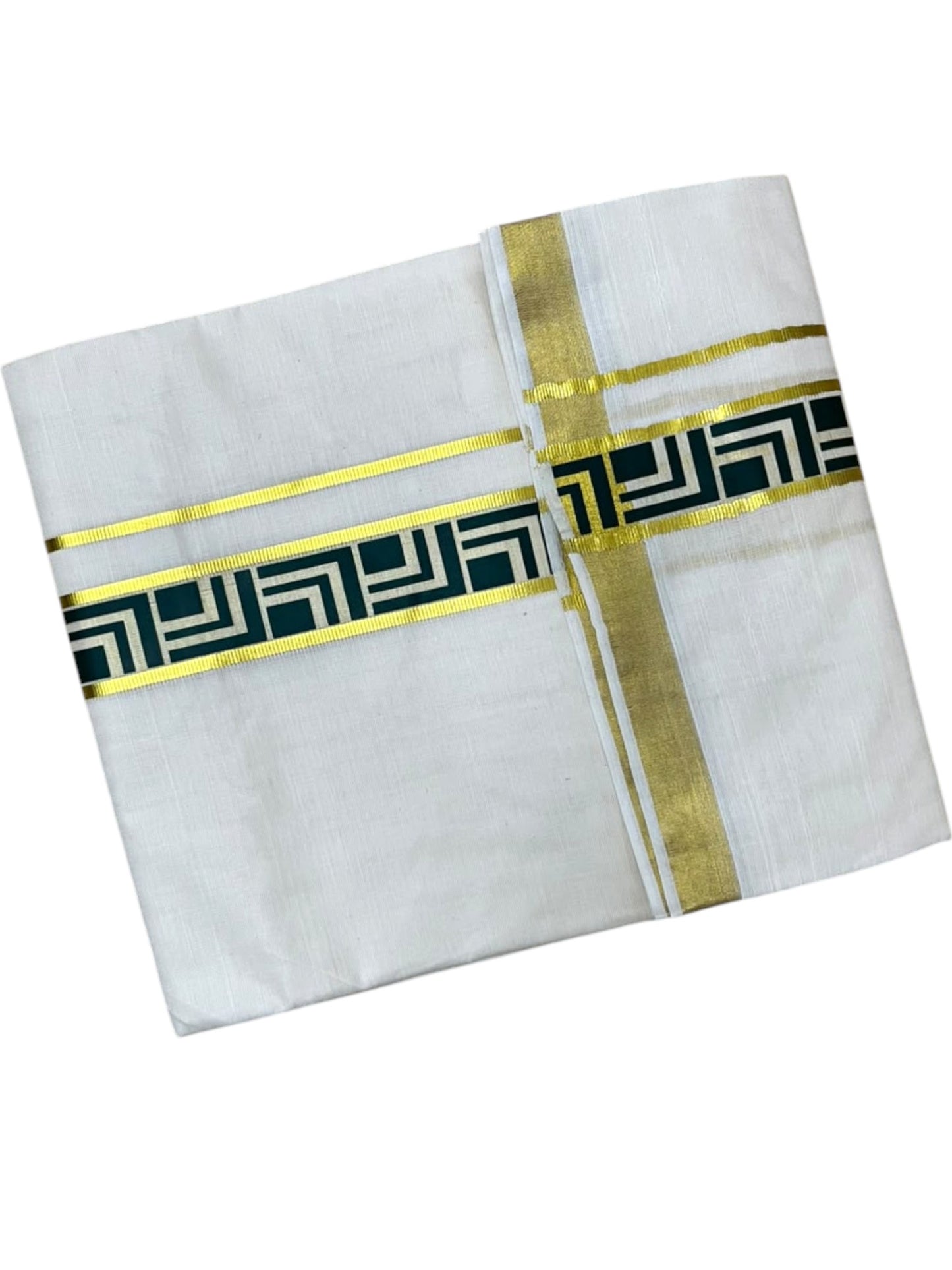 Southloom Pure Cotton Double Mundu with Green Block Printed And Ksavu Border (South Indian Kerala Dhoti)