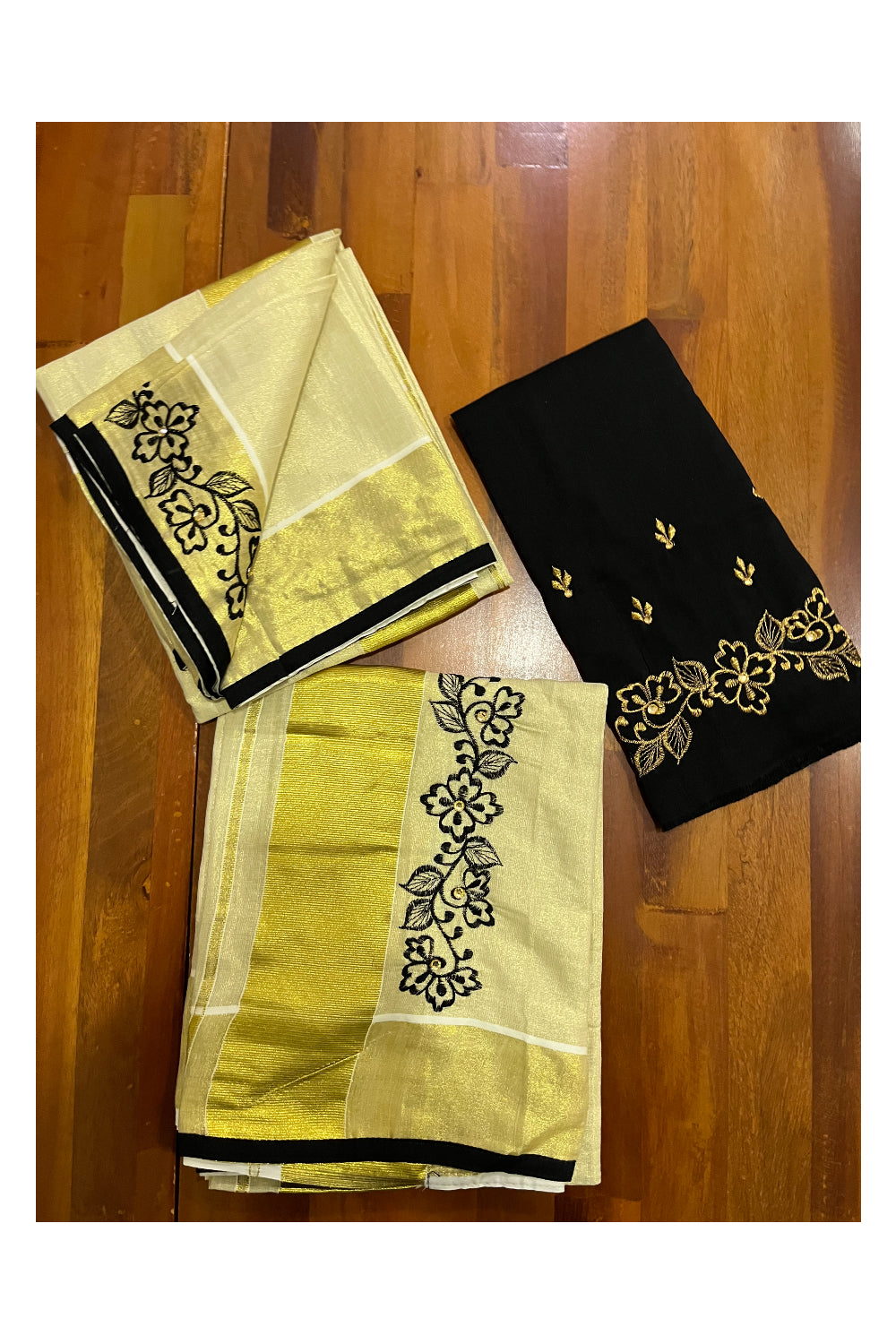 Kerala Tissue Kasavu Set Mundu (Mundum Neriyathum) with Handwork Embroidery Design and Black Blouse Piece