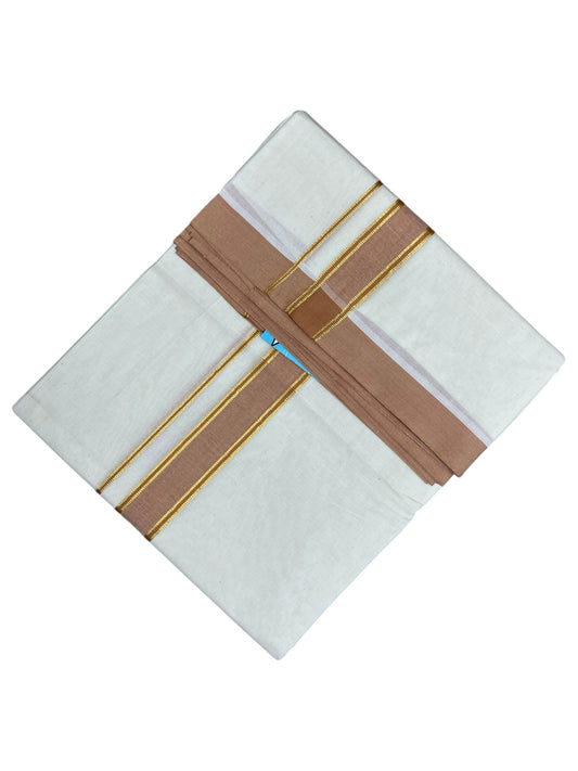 Southloom Pure Cotton Mundu with Gold Lines and light Brown Border (South Indian Kerala Dhoti)