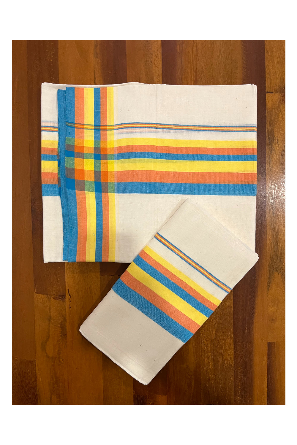 Pure Cotton Mundum Neriyathum Double (Set Mundu) with Blue Orange and Yellow Border