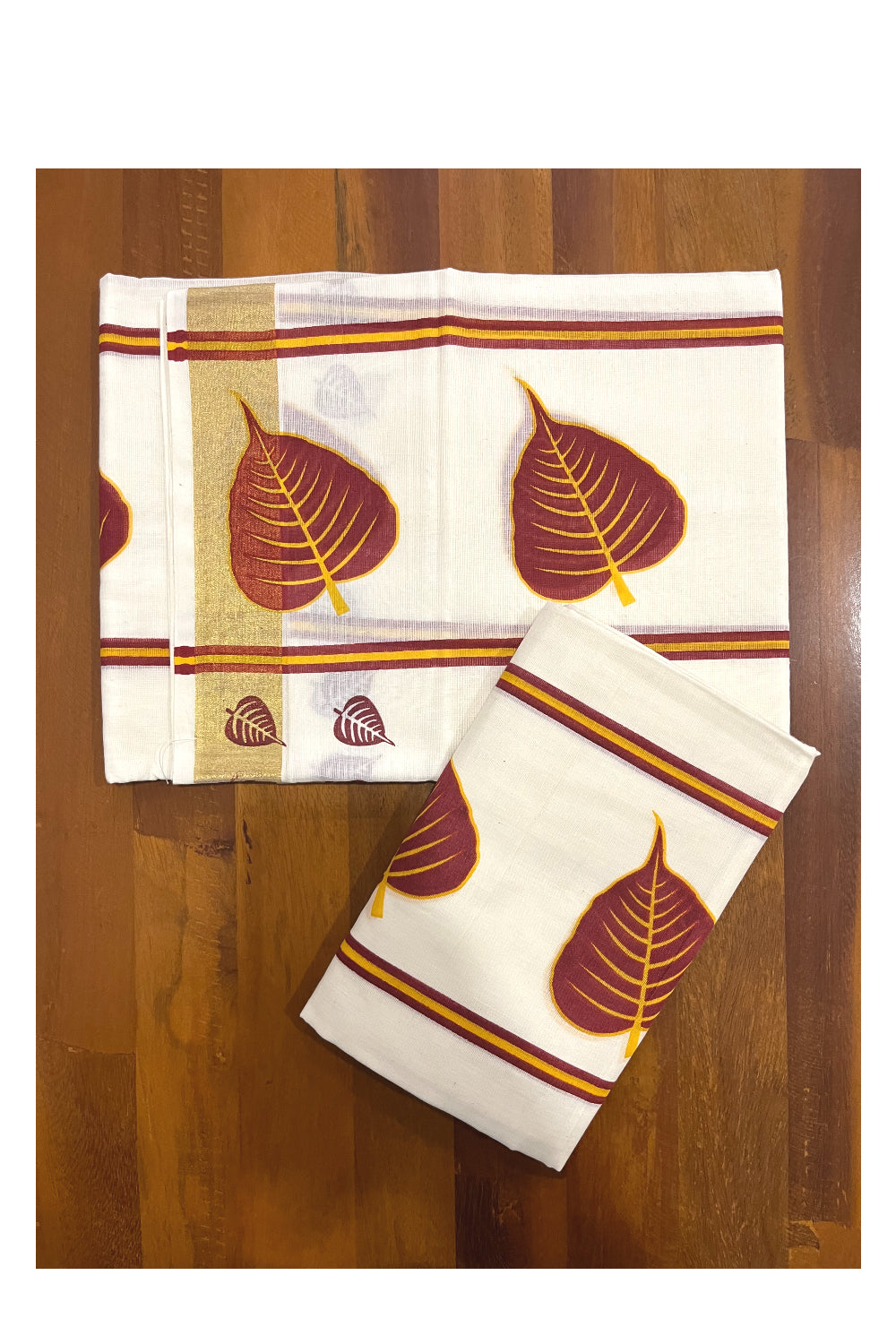 Cotton Kerala Single Set Mundu with Maroon Leaf Block Prints 2.80 Mtrs