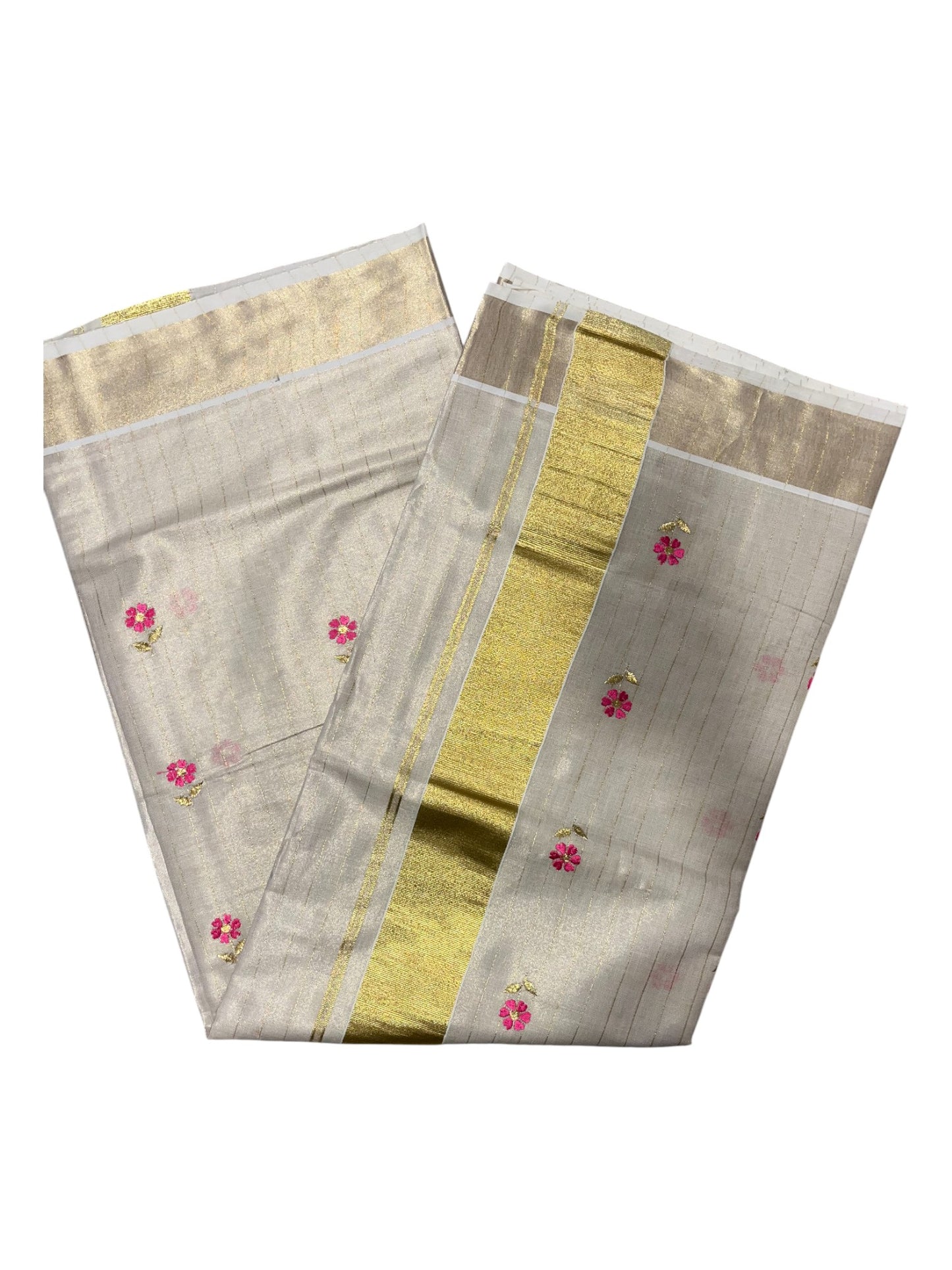Southloom Kerala Tissue Kasavu Saree with Pink Floral Embroidery on Body