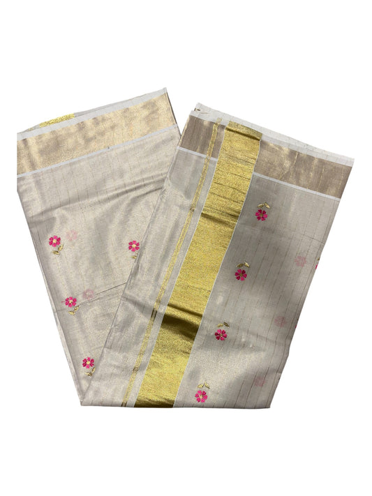 Southloom Kerala Tissue Kasavu Saree with Pink Floral Embroidery on Body