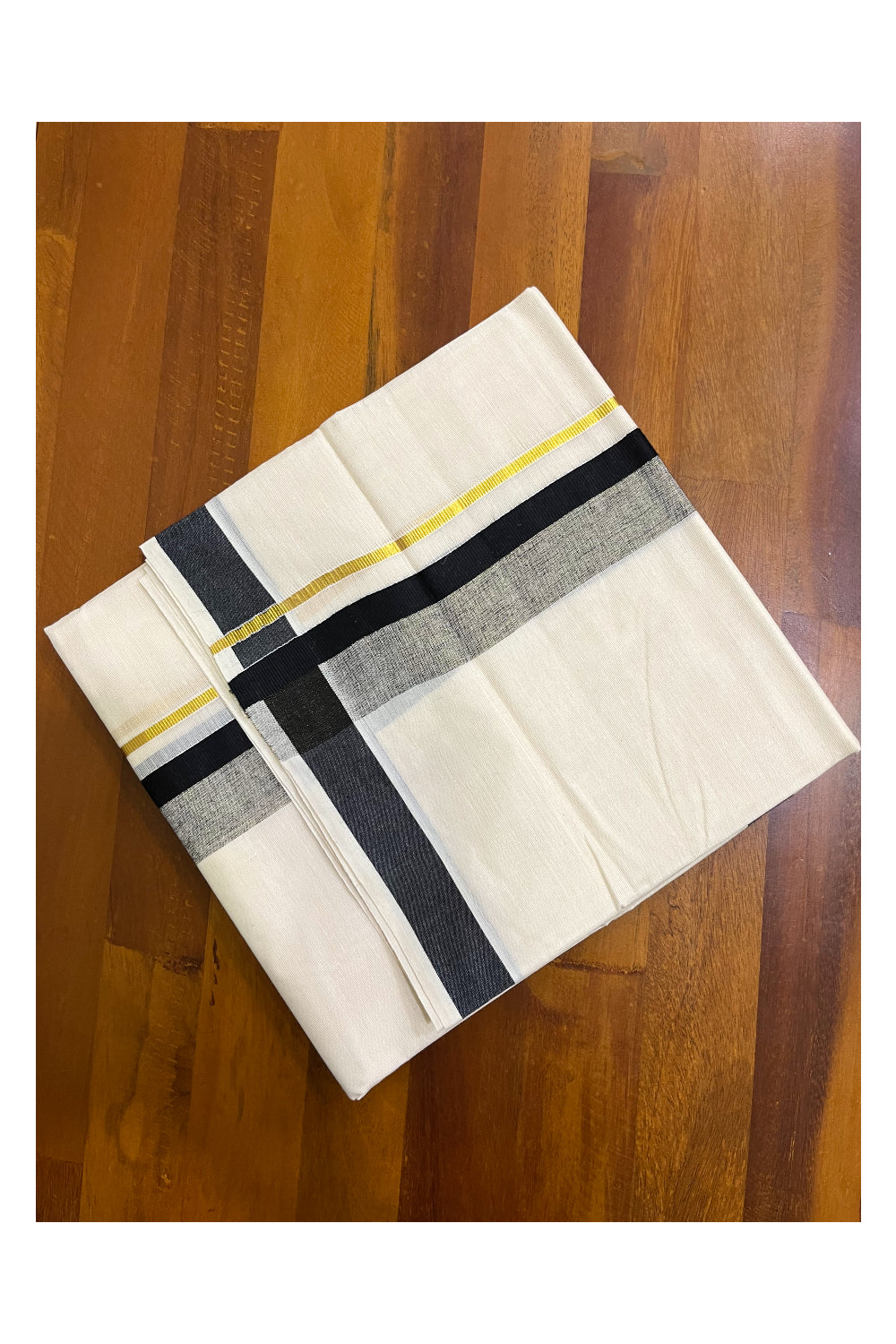 Kerala Pure Cotton Double Mundu with Black and Kasavu Border (South Indian Kerala Dhoti)