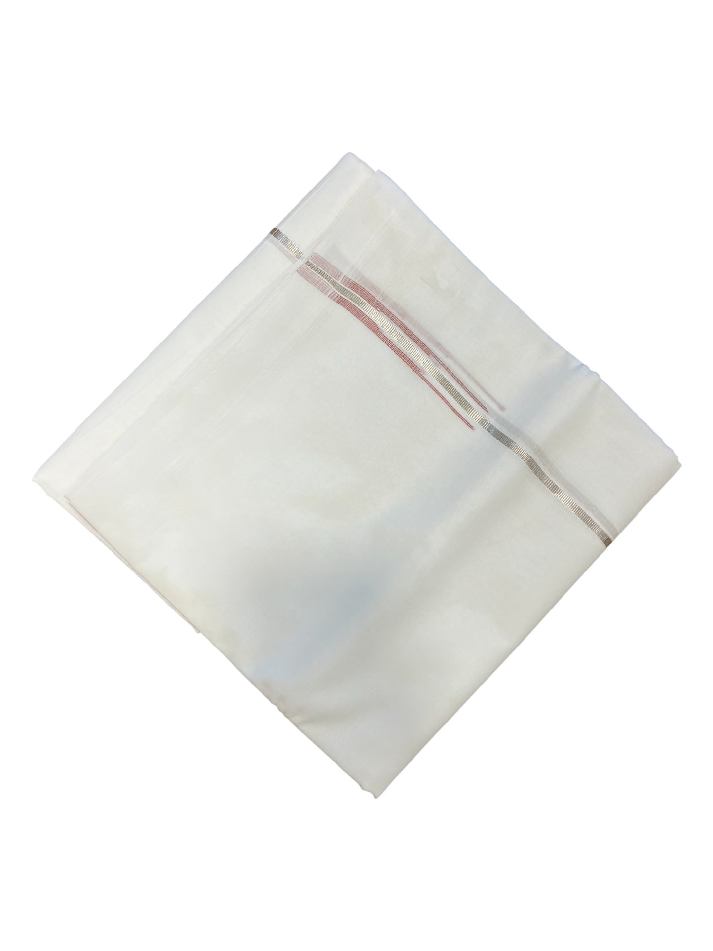 Pure White Cotton Double Mundu with Silver and Maroon Chutti Kara (South Indian Dhoti)