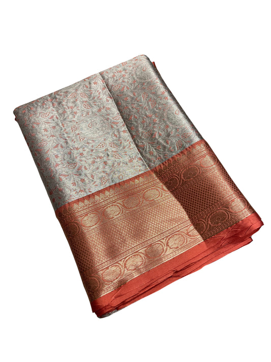 Southloom Semi Banarasi Katan Tissue Saree with Woven Work on Body and Borders (Grey & Peach)