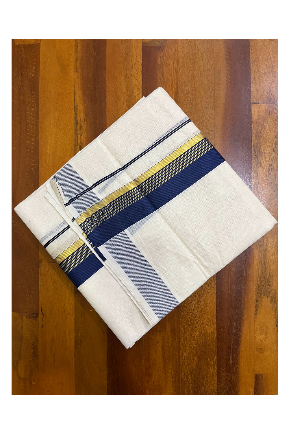 Kerala Pure Cotton Double Mundu with Dark Blue and Kasavu Border (South Indian Kerala Dhoti)