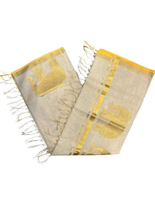 Southloom Super Premium Balaramapuram Unakkupaavu Handloom Tissue Saree with Elephant Woven Design on Body and Border