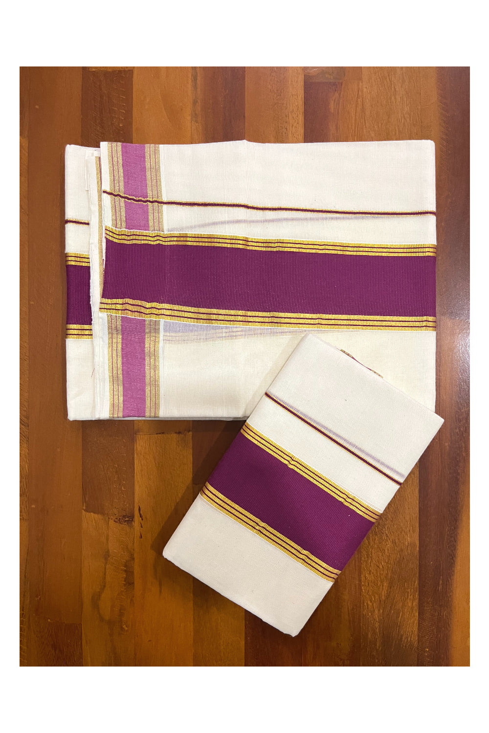 Kerala Cotton Single Set Mundu (Mundum Neriyathum) with Purple and Kasavu Border 2.80 Mtrs