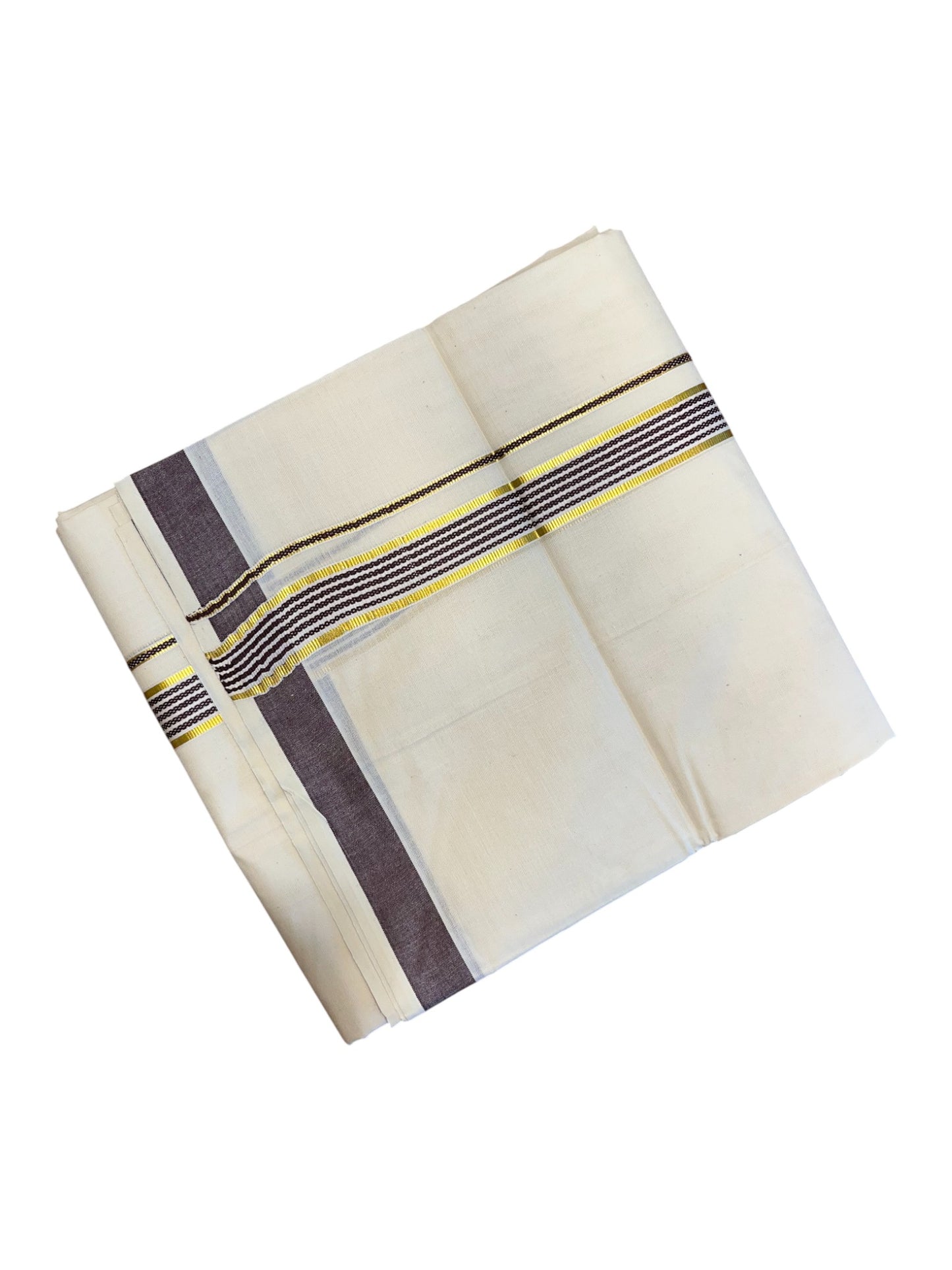 Southloom Pure Cotton  Double Mundu With  Gold Kasavu & Brown Lines Border (South Indian Kerala Dhoti)