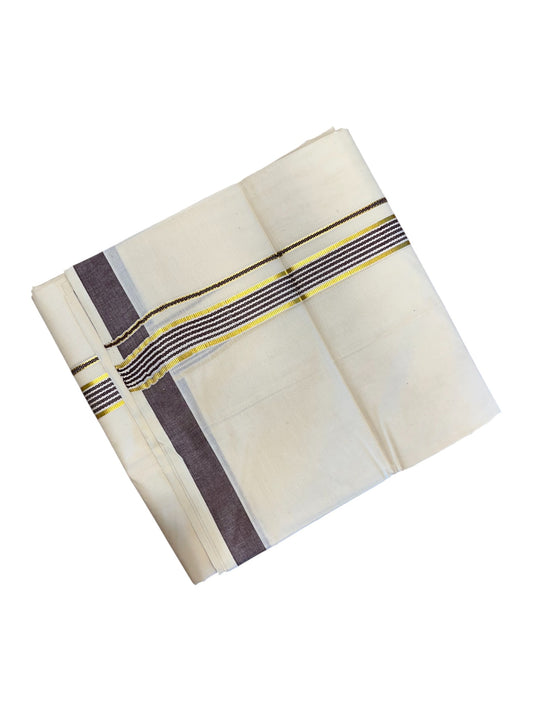 Southloom Pure Cotton  Double Mundu With  Gold Kasavu & Brown Lines Border (South Indian Kerala Dhoti)