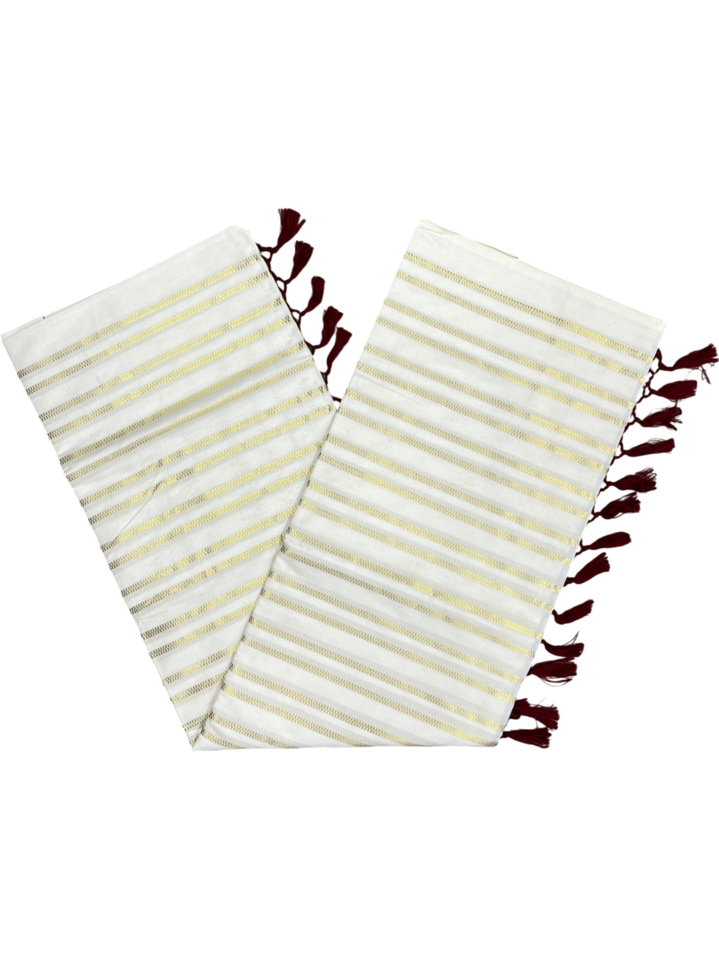 Southloom Cotton Kerala Kasavu Saree with Stripes on Body and Maroon Tussels