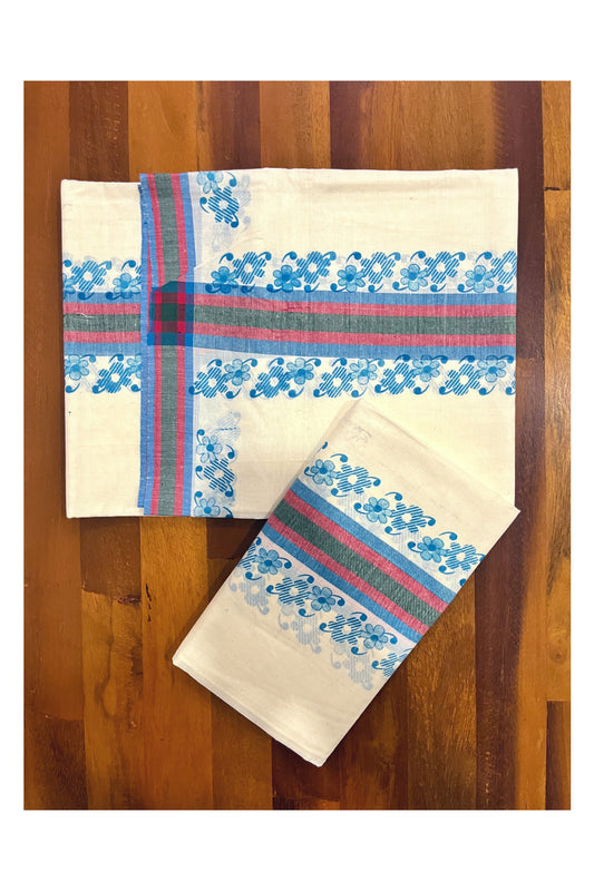 Kerala Pure Cotton Single Set Mundu (Mundum Neriyathum) with Blue Block Prints on Green Red Border