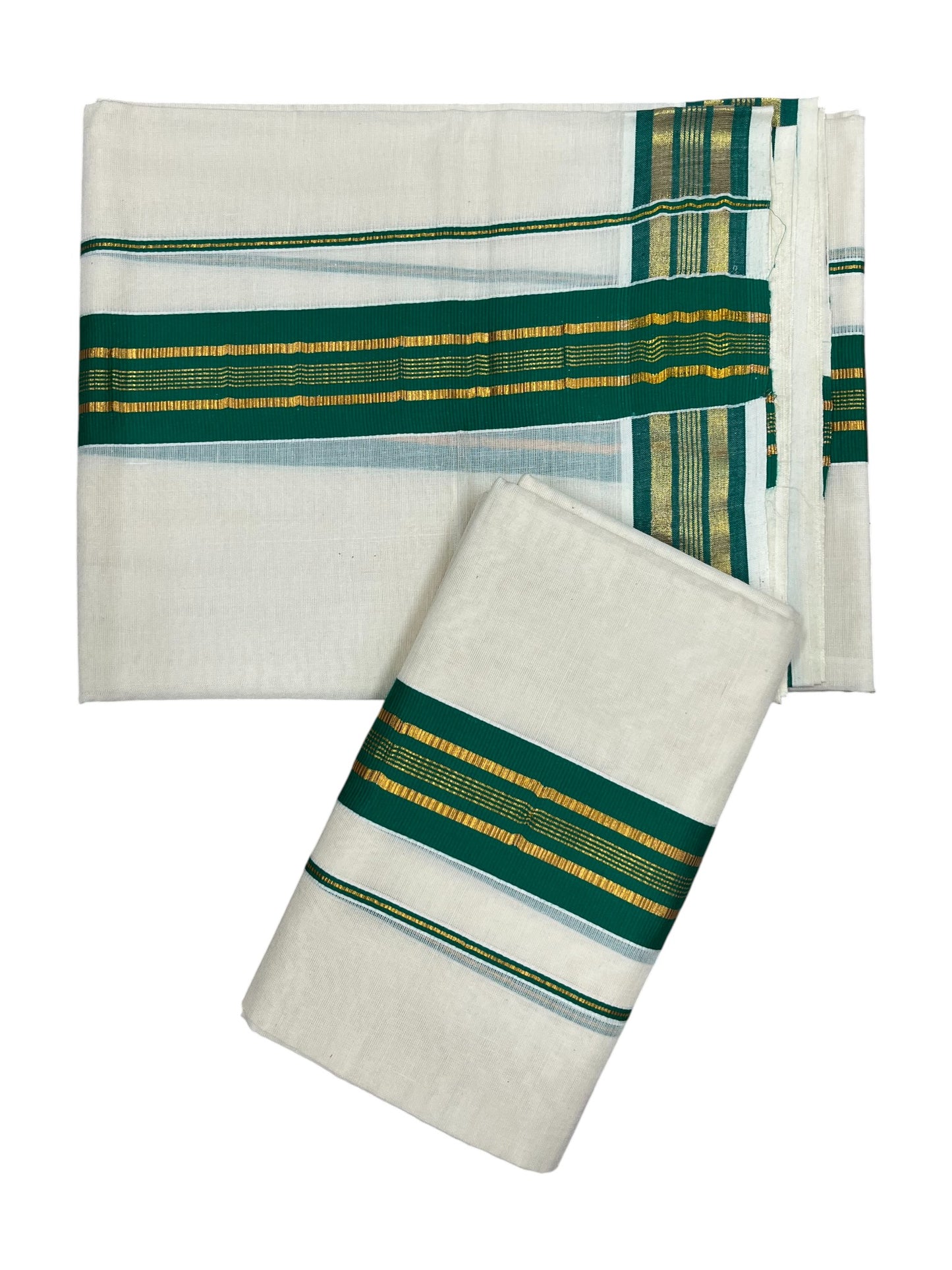 Kerala Cotton Kasavu Single Set Mundu (Mundum Neriyathum) with Green Kasavu Border