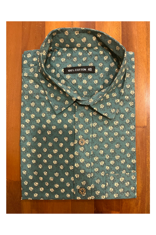 Southloom Jaipur Cotton Teal Hand Block Printed Shirt (Half Sleeves)