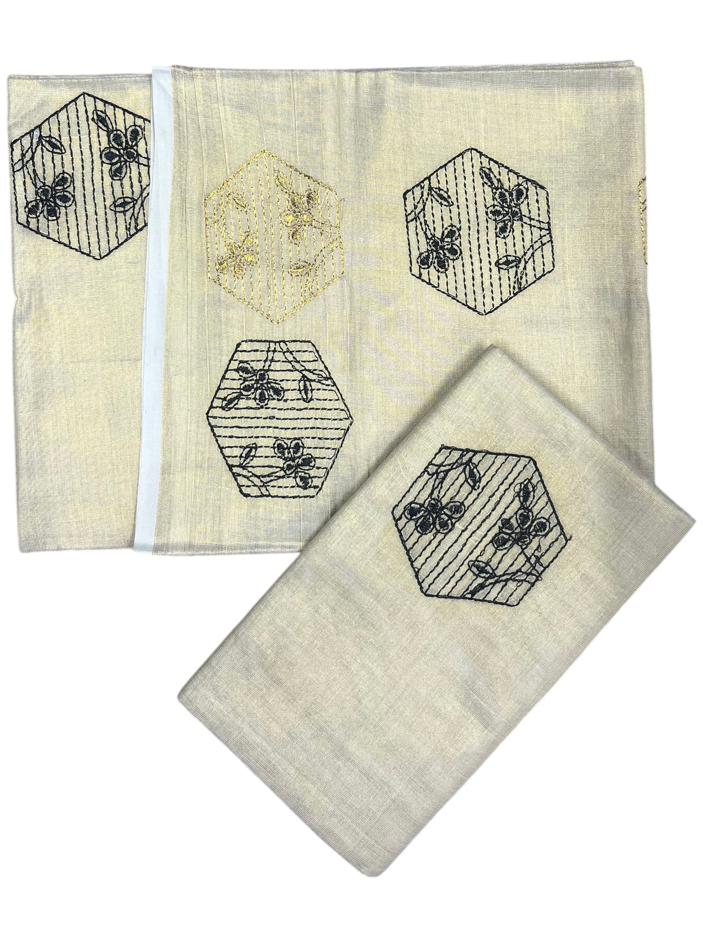 Southloom Kerala Tissue Kasavu Single Set Mundu (Mundum Neriyathum) Black and Golden Embroidery Work