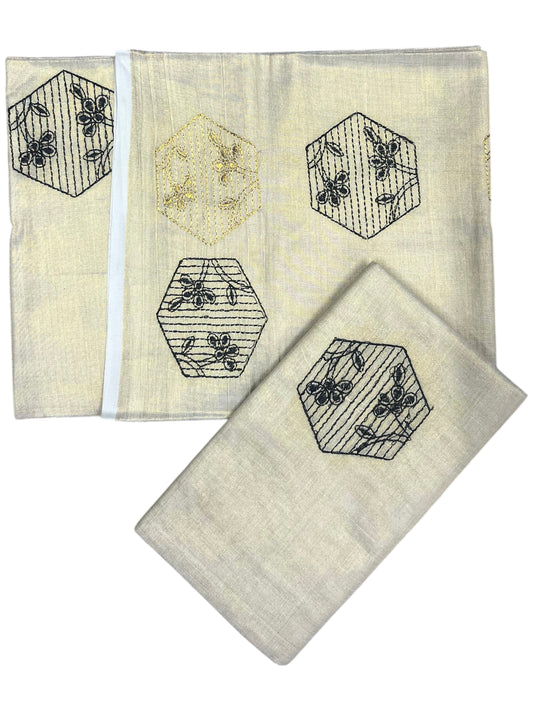 Southloom Kerala Tissue Kasavu Single Set Mundu (Mundum Neriyathum) Black and Golden Embroidery Work