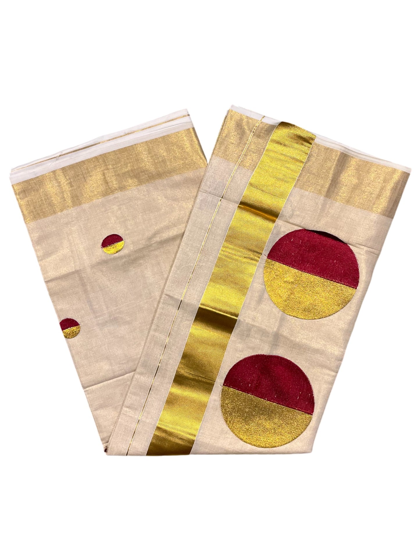 Southloom Kerala Tissue Kasavu Saree With Maroon Polka Dots Embroidery on Body