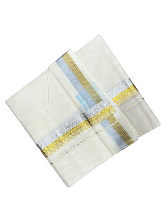 Southloom Kerala Pure Cotton Double Mundu with Gold&Silver Kasavu and Border (South Indian Dhoti)
