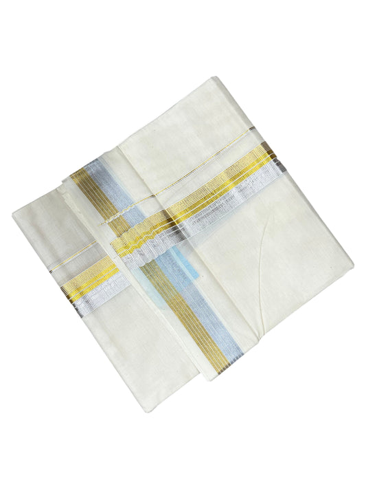 Southloom Kerala Pure Cotton Double Mundu with Gold&Silver Kasavu and Border (South Indian Dhoti)