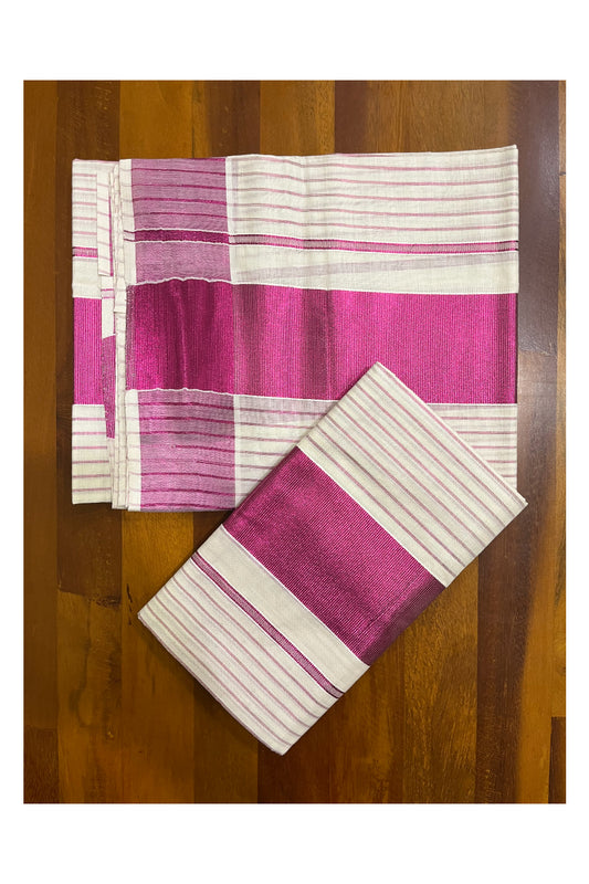 Kerala Cotton Set Mundu (Mundum Neriyathum) with Dark Pink Kasavu Lines Across Body 2.80 Mtrs