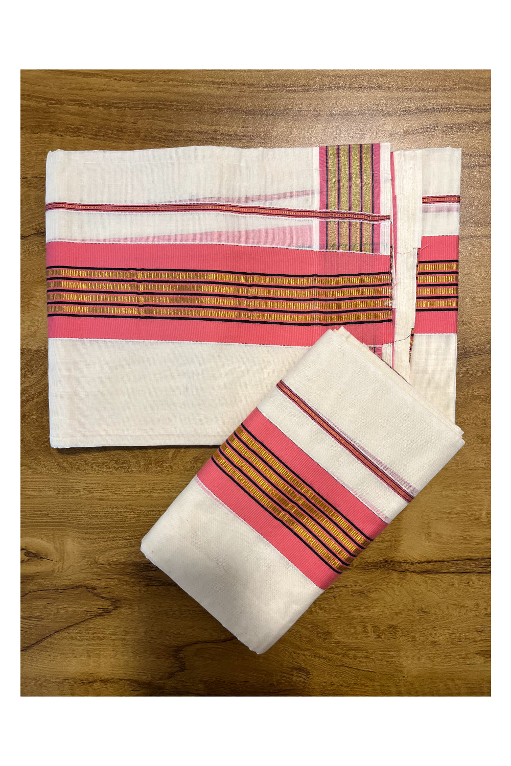 Kerala Cotton Set Mundu (Mundum Neriyathum) with Kasavu and Pink Border 2.80 Mtrs