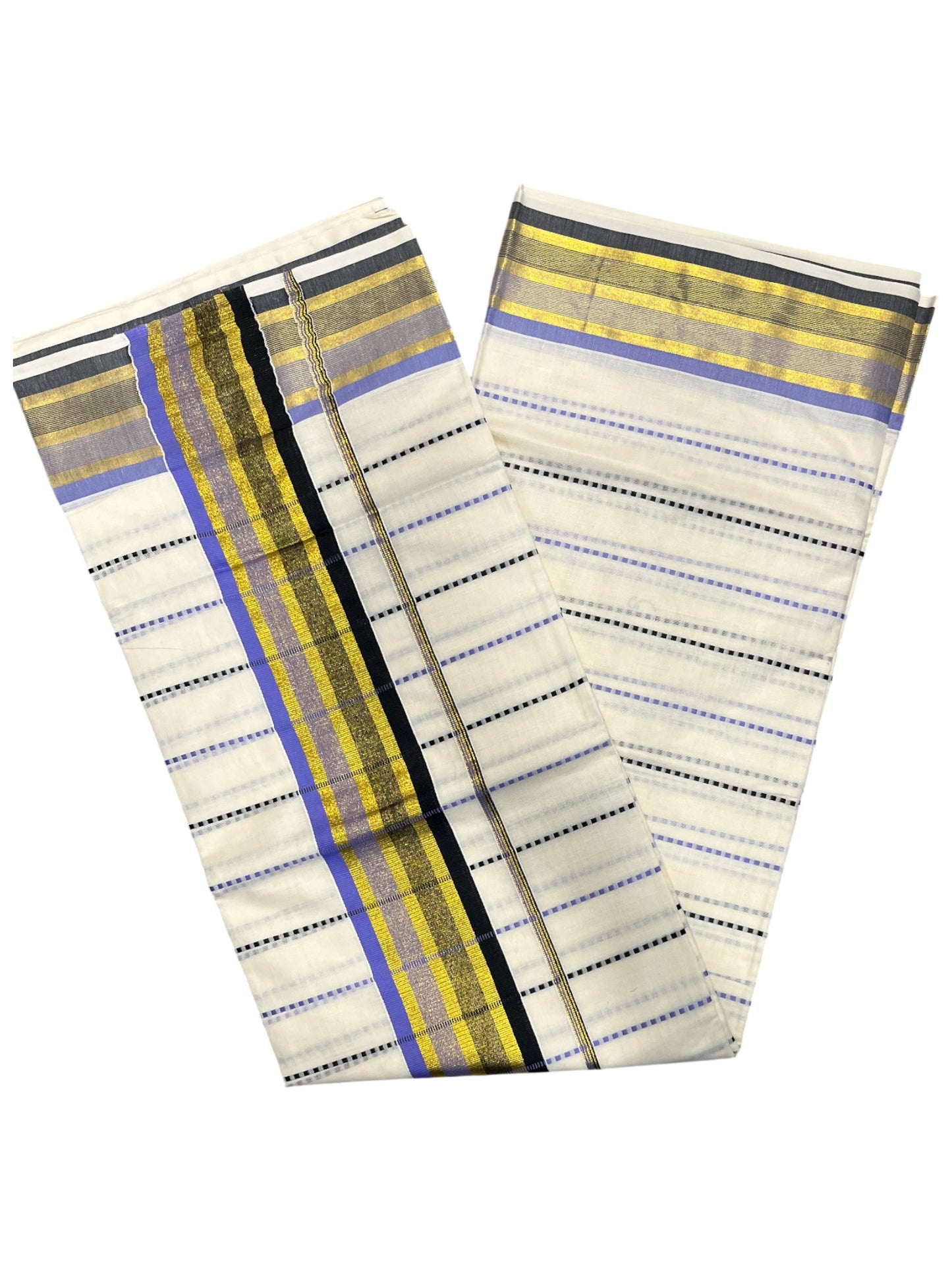 Southloom Cotton Kasavu Saree with Lavendar and Black Thread Work Across Body