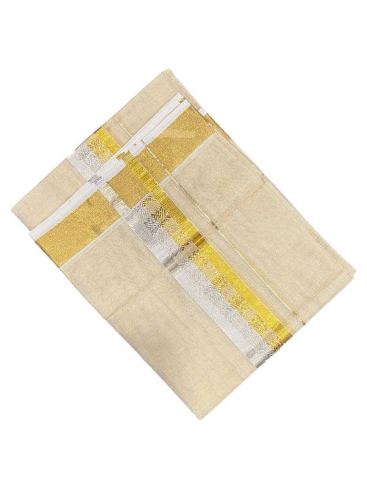 Southloom Premium Handloom Tissue Double Mundu with Gold And Silver Kasavu Border