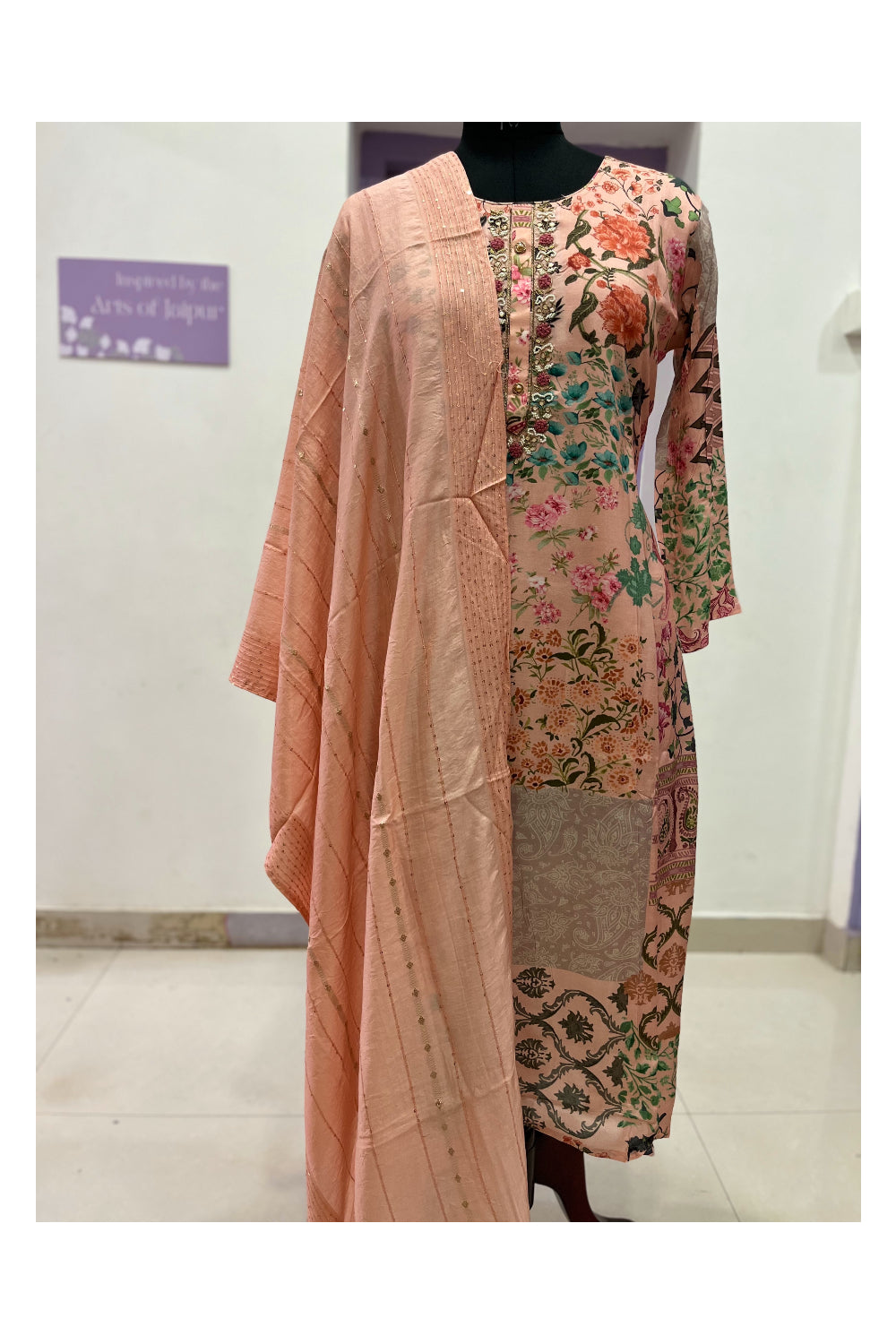Southloom Stitched Semi Silk Peach Floral Printed Salwar Set