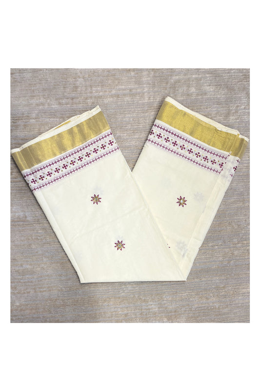 Southloom Purple Block Print Kasavu Saree with Sequins Work on Prints