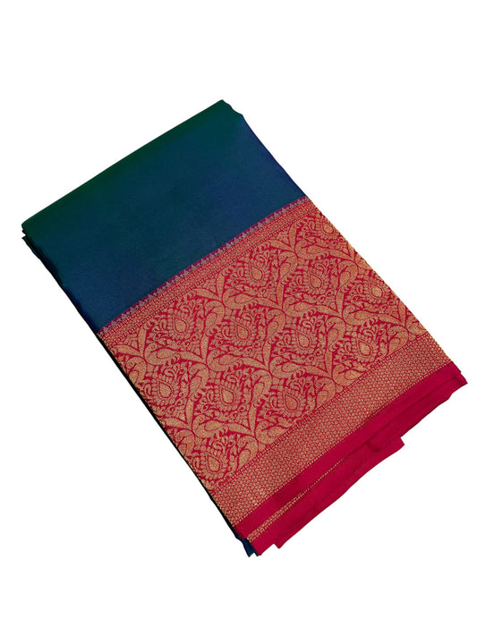 Southloom Pure Handloom Bridal Kanchipuram Silk Saree with Korvai Work (Magenta & Blue)