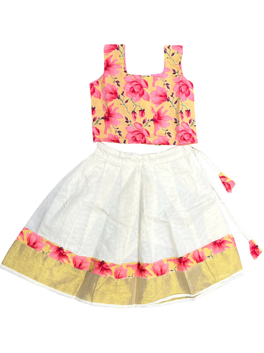 Southloom Kerala Cottan Kasavu Pavada Blouse for Kids