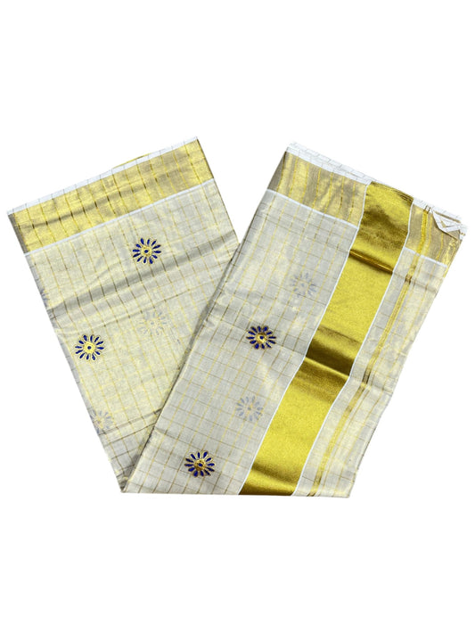 Southloom Tissue Kerala Kasavu Check Saree with Floral Embroidery Design in Blue