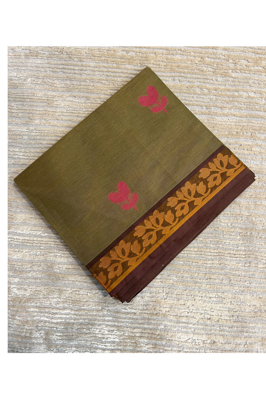 Southloom Kerala Cotton Saree with Floral Woven Works Across Body in Green