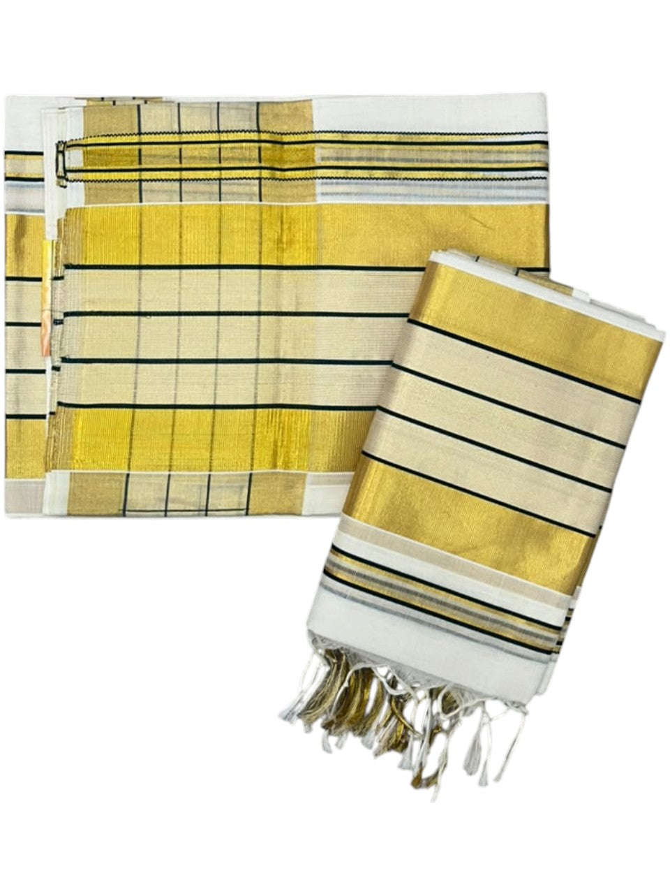 Southloom Premium Handloom Set Mundu with Kasavu With Green and Golden Border (2.80 Mtr)