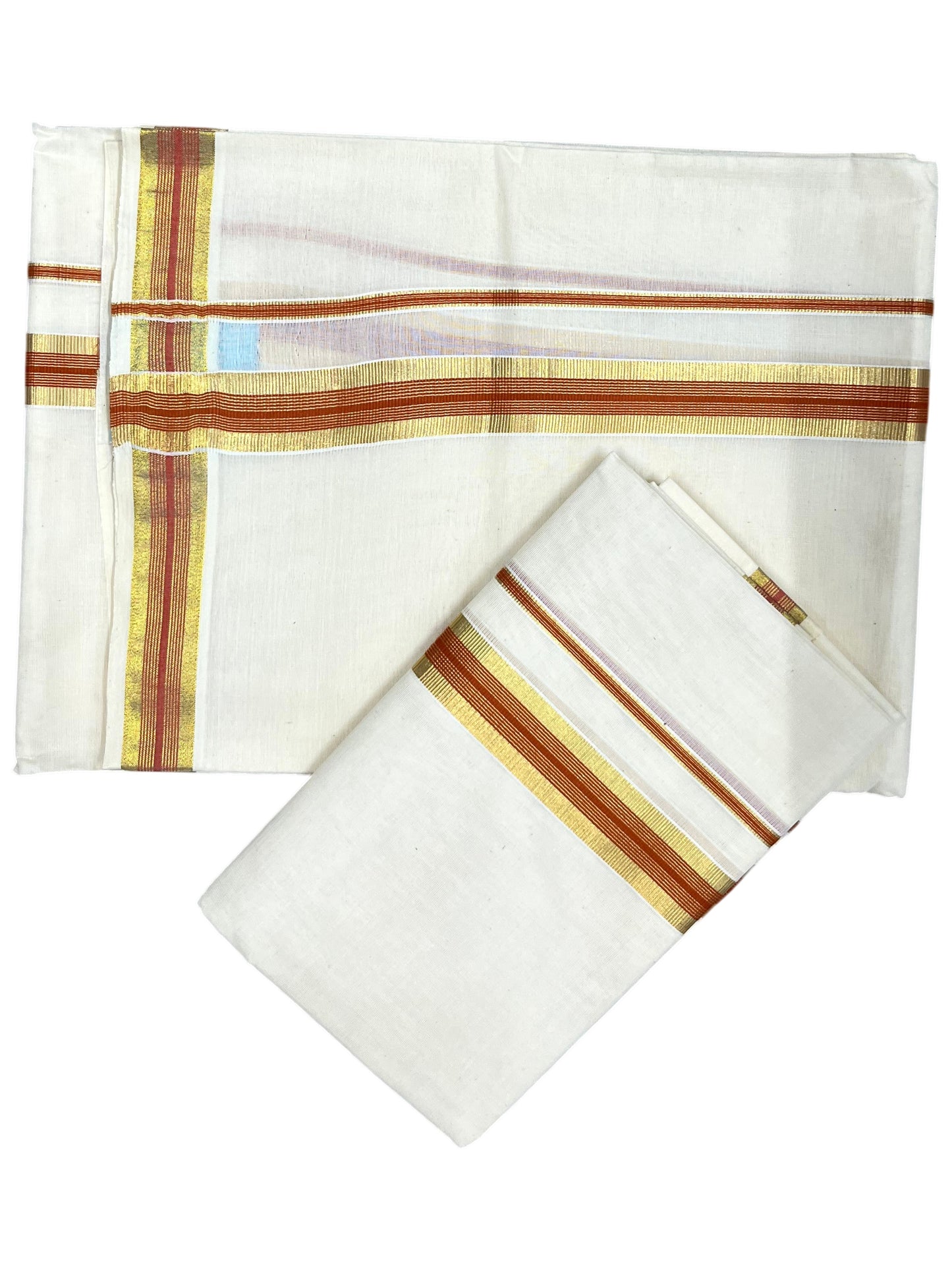 Southloom Pure Cotton Kerala Single Set Mundu (Mundum Neriyathum) with Orange and Kasavu Border 2.80 Mtrs SLKK