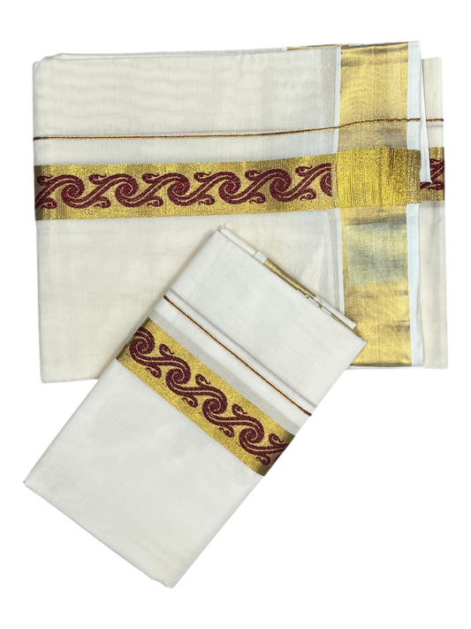 Southloom Kerala Pure Cotton Set mundu  (Mundum Neriyathum) with Maroon Block Prints on Kasavu Border-2.80Mtrs SL426