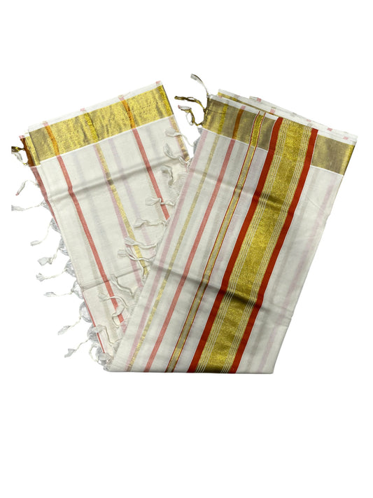 Southloom Kerala Cotton Kasavu Saree with Gold And Red Lines on Body