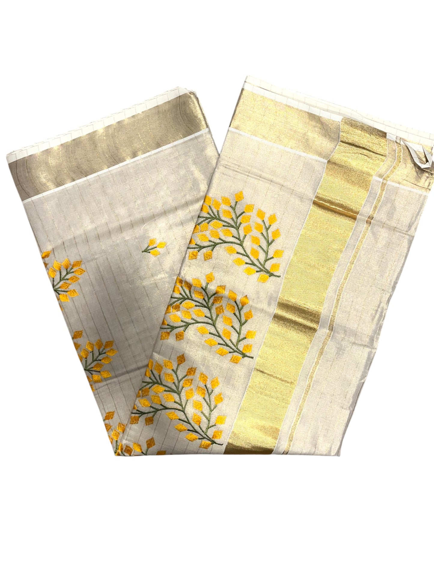 Southloom Tissue Kerala Kasavu Saree with Floral Embroidery Design