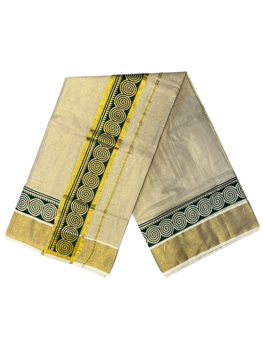Southloom Kerala Tissue Kasavu Plain Saree Green Hand Printed