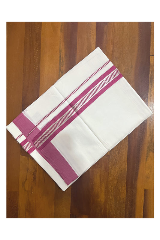 Pure White Cotton Double Mundu with Maroon and Silver Kasavu Border (South Indian Kerala Dhoti)