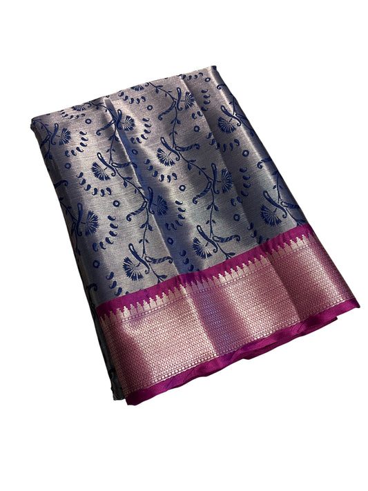 Southloom Tissue Silk Saree with Woven Work on Body and Borders (Blue & Magenta)
