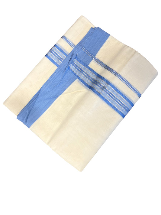 Southloom Kerala Pure Cotton Double Mundu with Gold Lines & Blue Border (South Indian Dhoti)