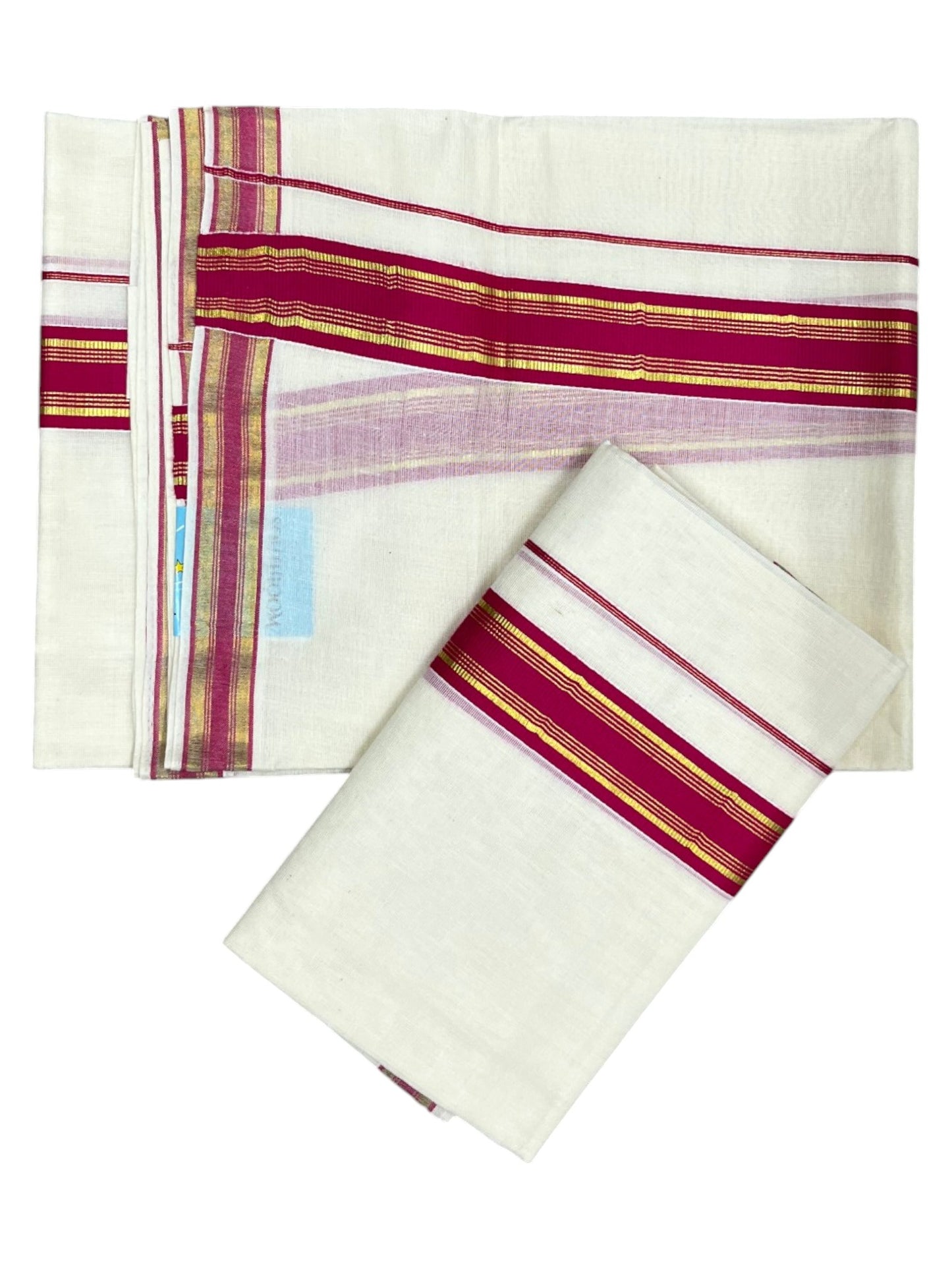 Southloom Kerala Cotton Single Set Mundu (Mundum Neriyathum) with Kasavu and  Dark Pink Border in 2.80 Mtrs SLKK SL470