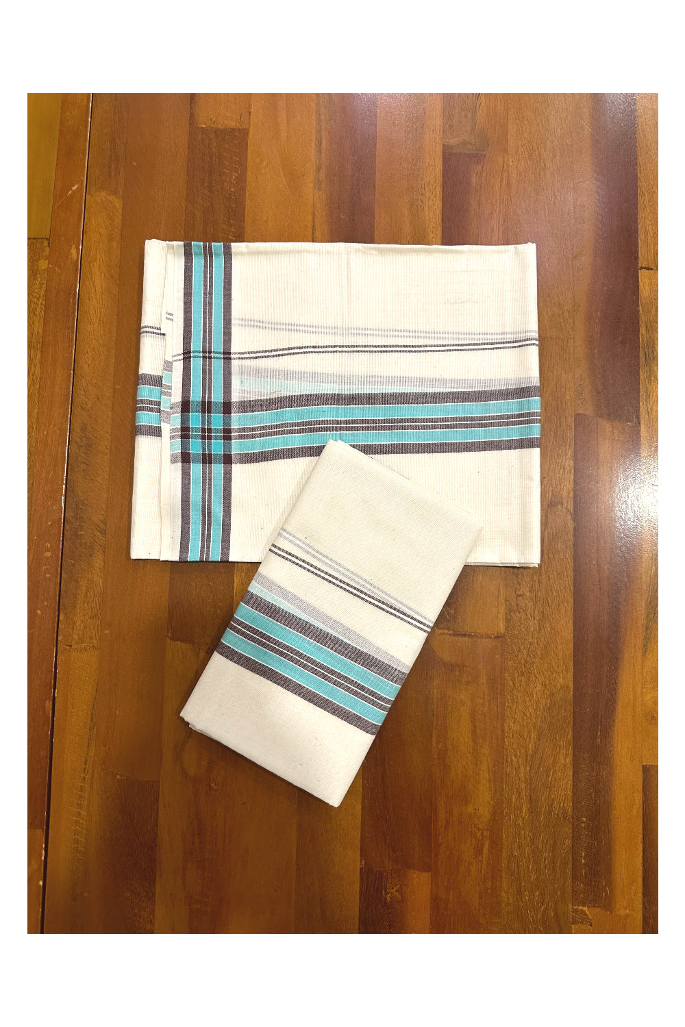 Kerala Mulloth Soft Cotton Mundum Neriyathum Single with Brown and Turquoise Border (Onam Set Mundu 2023)