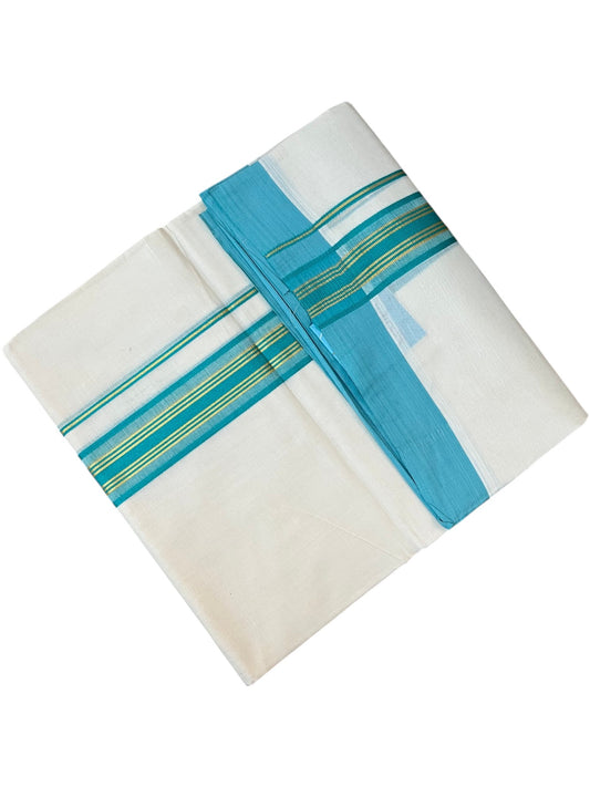 Southloom Pure Cotton Mundu with Golden Lines and Peacock Green Border (South Indian Kerala Dhoti)